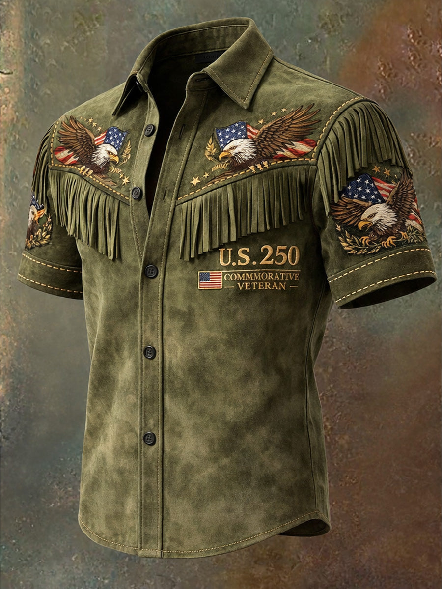 Men's Retro Western Style U.S 250 Commemorative Printed Vintage Tassel Casual Short Sleeves Shirt